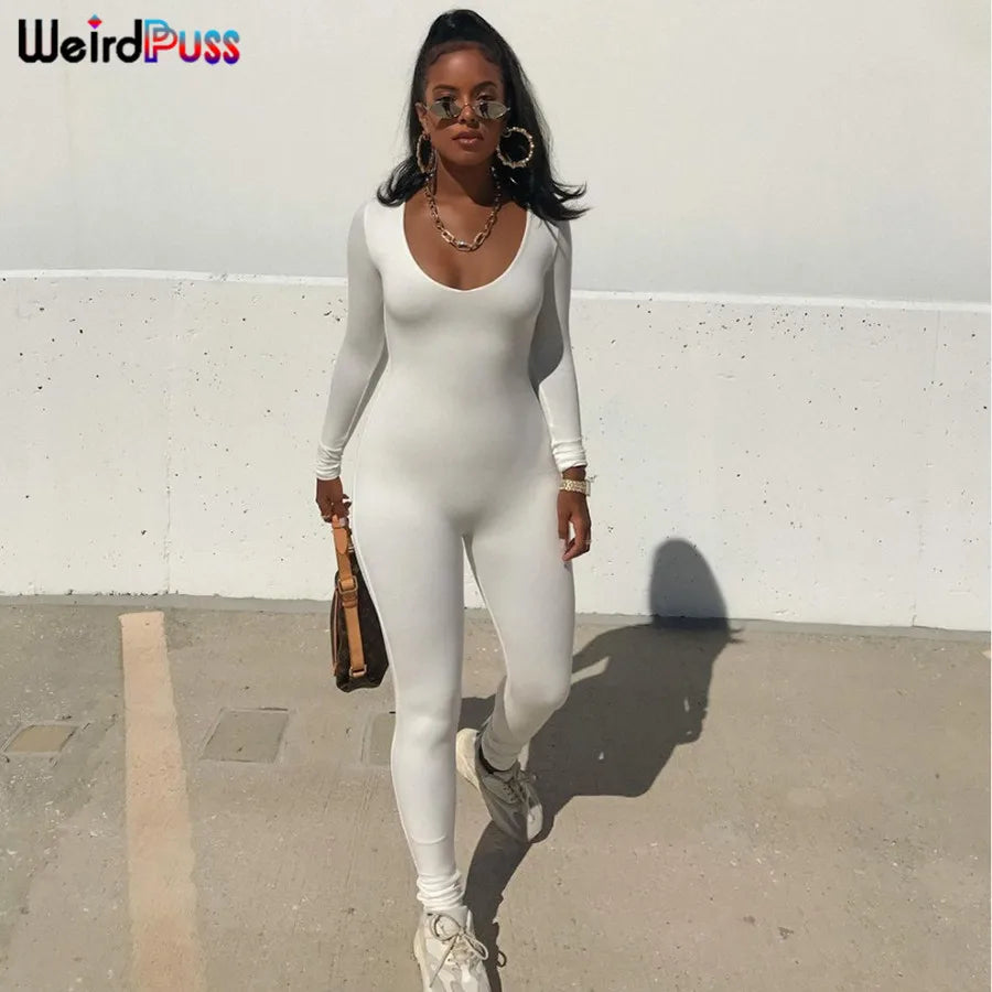 Weird Puss Spring Women Casual Long Sleeve Jumpsuits Stretchy Fitness Skinny Low-Neck Workout Fashion Streetwear Slim Outfits