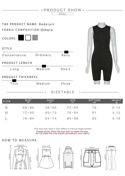 Kliou Zipper Rompers Women Summer Clothes Playsuits Sleeveless O-neck Solid Casual Body-Shaping Elastic Fitness Sporty Outfit