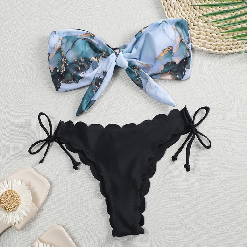 Sexy Scalloped Marble Print Bikini Women Bandeau Swimwear Female Swimsuit Two-pieces Bikini set Knotted Bather Bathing Suit Swim