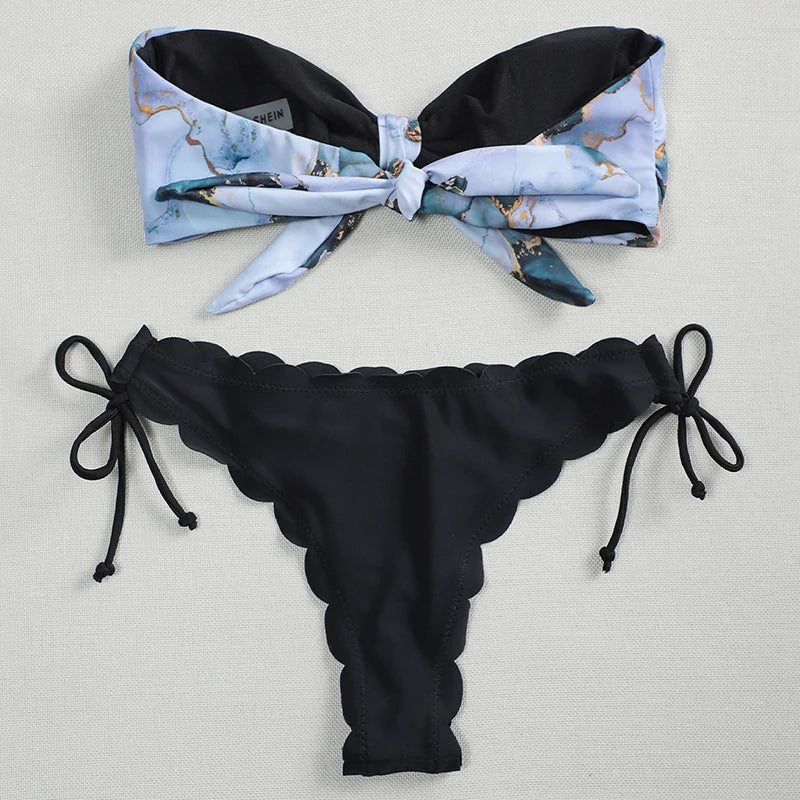 Sexy Scalloped Marble Print Bikini Women Bandeau Swimwear Female Swimsuit Two-pieces Bikini set Knotted Bather Bathing Suit Swim