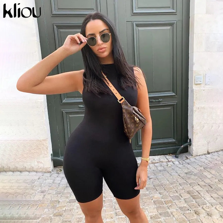 Kliou Zipper Rompers Women Summer Clothes Playsuits Sleeveless O-neck Solid Casual Body-Shaping Elastic Fitness Sporty Outfit