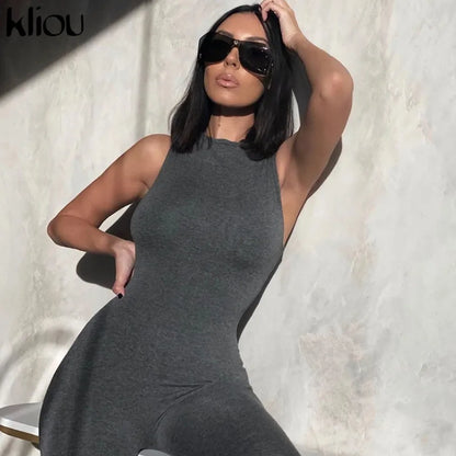 Kliou Zipper Rompers Women Summer Clothes Playsuits Sleeveless O-neck Solid Casual Body-Shaping Elastic Fitness Sporty Outfit