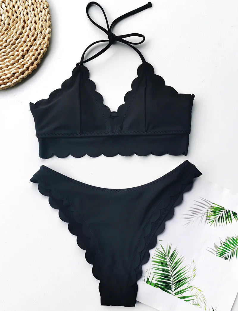 Sexy Scalloped Marble Print Bikini Women Bandeau Swimwear Female Swimsuit Two-pieces Bikini set Knotted Bather Bathing Suit Swim