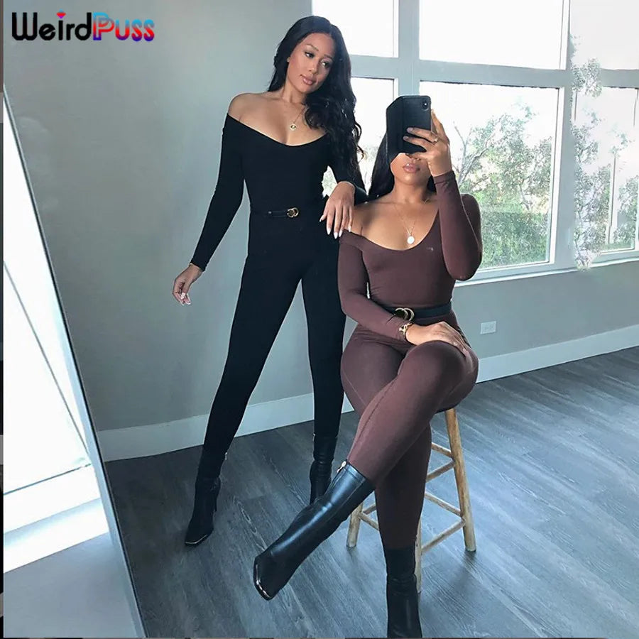 Weird Puss Spring Women Casual Long Sleeve Jumpsuits Stretchy Fitness Skinny Low-Neck Workout Fashion Streetwear Slim Outfits