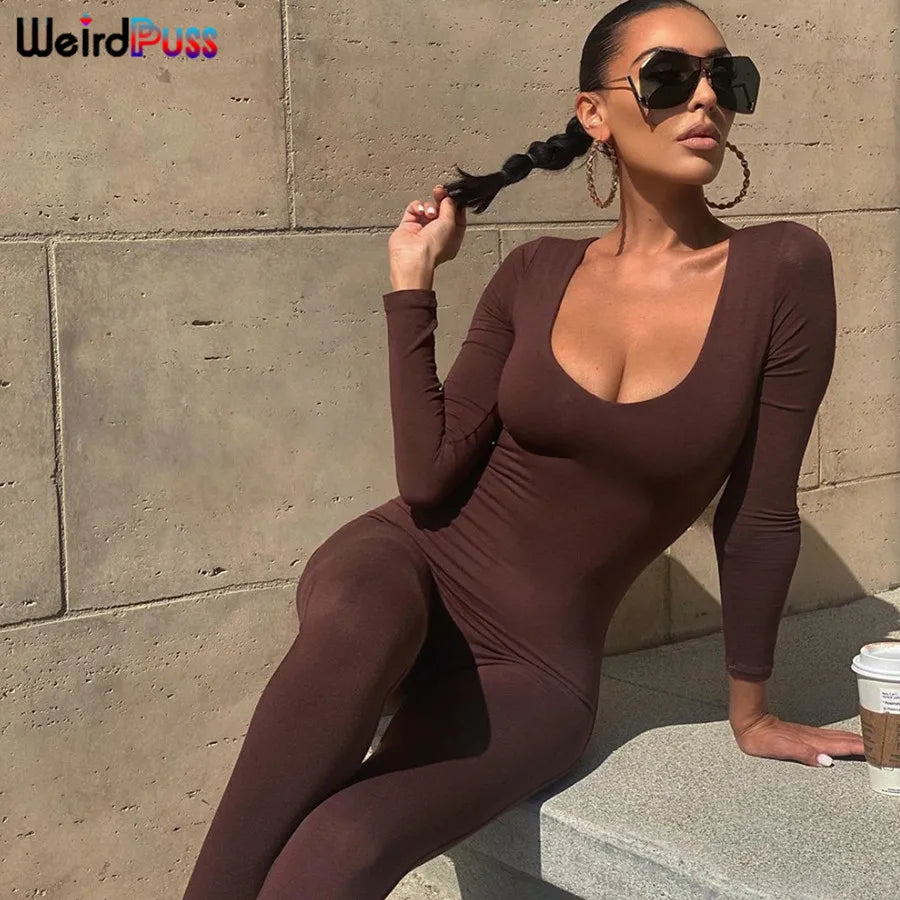 Weird Puss Spring Women Casual Long Sleeve Jumpsuits Stretchy Fitness Skinny Low-Neck Workout Fashion Streetwear Slim Outfits