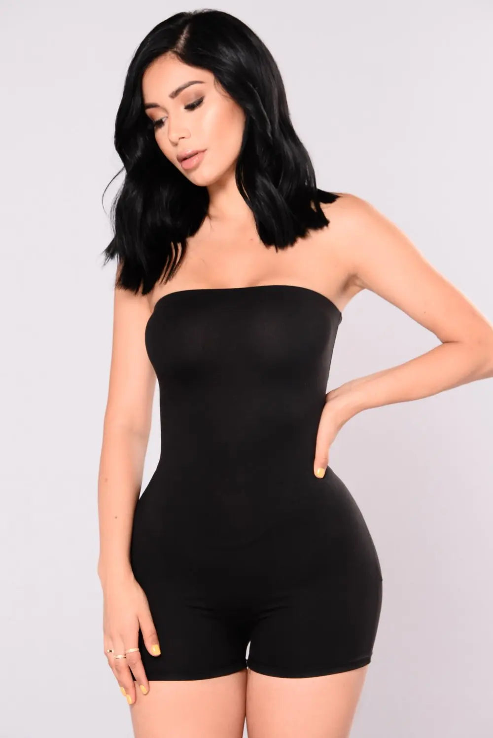 YUZHEXI Strapless Bodycon Playsuit Solid Khaki Women Fleece Off Shoulder Short Jumpsuit Casual Streetwear Slim Body Suit Y2K