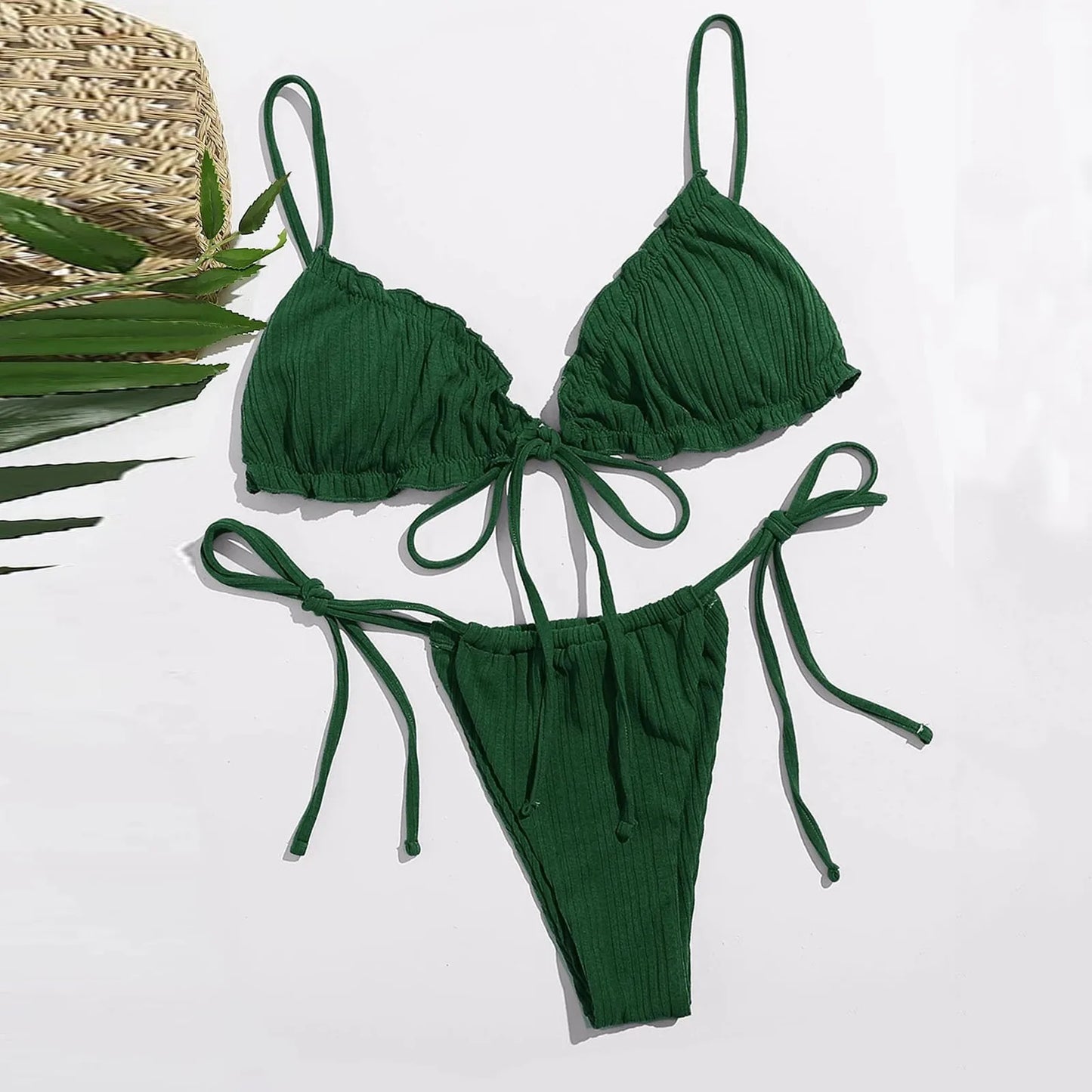 Sexy Green Mini Bikini Swimsuits Women High Waist Wireless Lady Swimwear Bandage Three Points Trendy Women Swimsuit Bath Suits