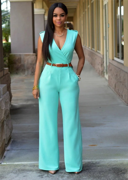 Jumpsuit Women 2023 Sexy Dress   Tall Waist v-neck Irregular wide-legged With Belt Rompers Womens Slim Jumpsuits ZSW2196