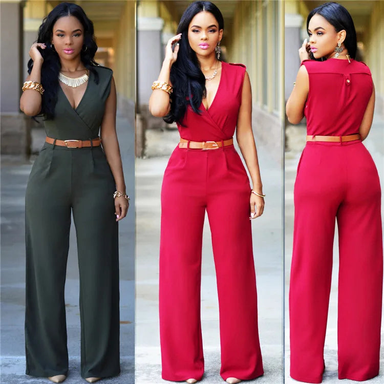 Jumpsuit Women 2023 Sexy Dress   Tall Waist v-neck Irregular wide-legged With Belt Rompers Womens Slim Jumpsuits ZSW2196