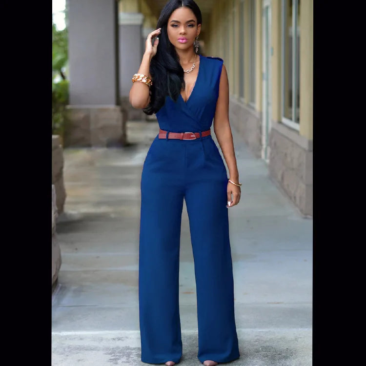 Jumpsuit Women 2023 Sexy Dress   Tall Waist v-neck Irregular wide-legged With Belt Rompers Womens Slim Jumpsuits ZSW2196