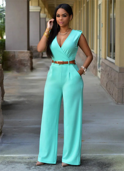 Jumpsuit Women 2023 Sexy Dress   Tall Waist v-neck Irregular wide-legged With Belt Rompers Womens Slim Jumpsuits ZSW2196