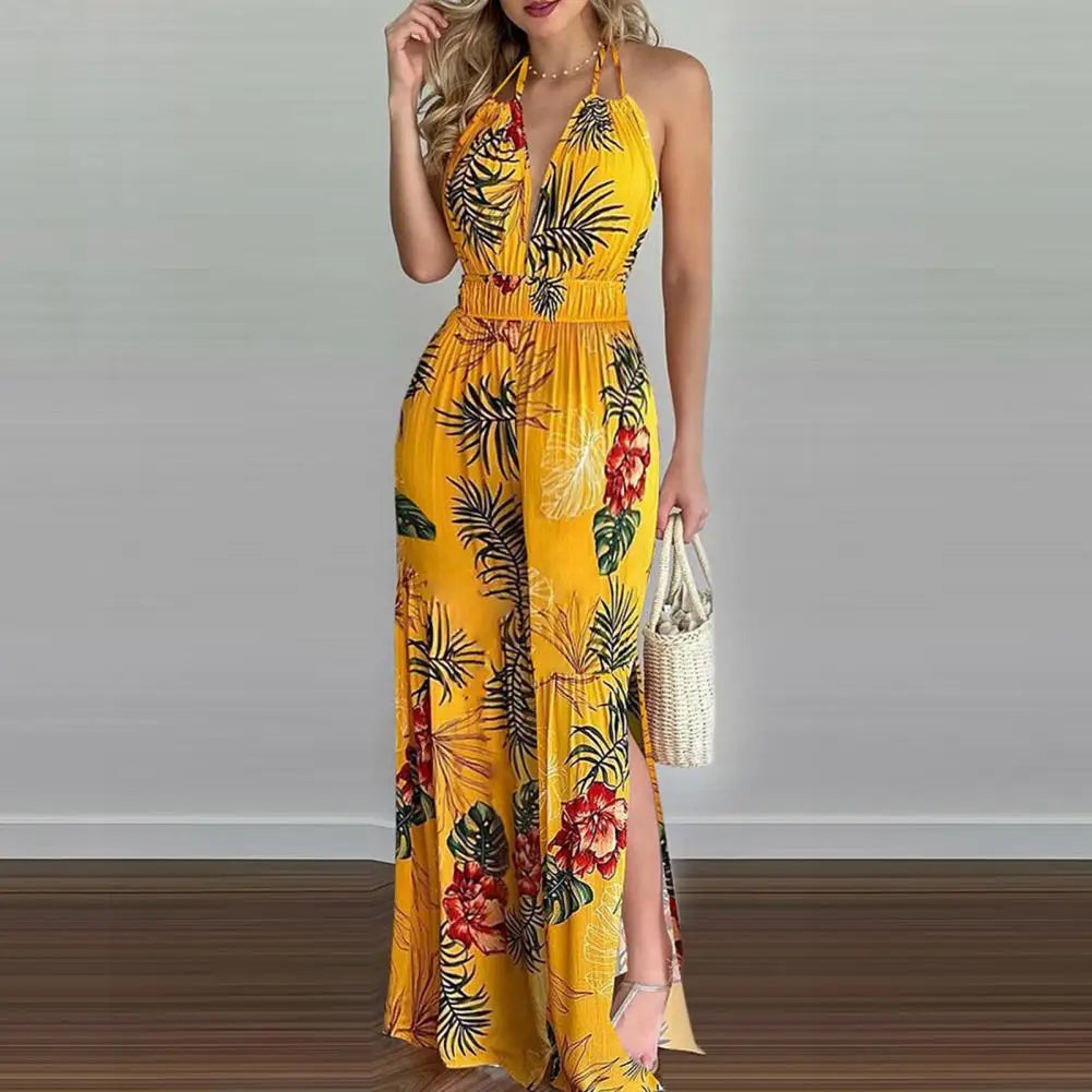 Women Summer Sexy Floral Print Jumpsuits Boho Sleeveless Backless Wide Leg Long Overalls Rompers Female Loose Overalls Jumpsuit