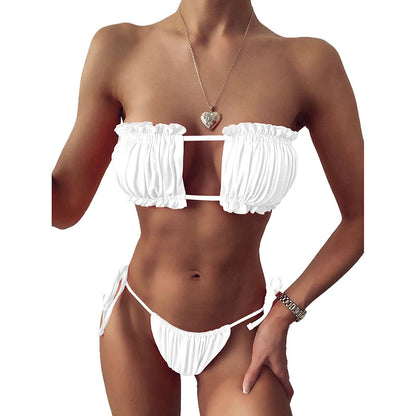 Sexy Solid Bikini 2023 Women Pleated Bandeau Swimsuit Female Low Waist Swimwear Women Beach Mini Thong Bikini Set Bathing Suit