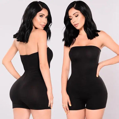 YUZHEXI Strapless Bodycon Playsuit Solid Khaki Women Fleece Off Shoulder Short Jumpsuit Casual Streetwear Slim Body Suit Y2K