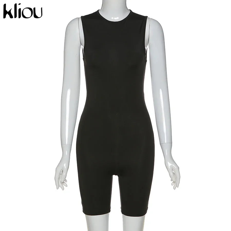 Kliou Zipper Rompers Women Summer Clothes Playsuits Sleeveless O-neck Solid Casual Body-Shaping Elastic Fitness Sporty Outfit