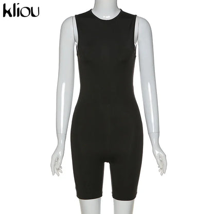 Kliou Zipper Rompers Women Summer Clothes Playsuits Sleeveless O-neck Solid Casual Body-Shaping Elastic Fitness Sporty Outfit