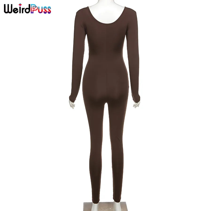 Weird Puss Spring Women Casual Long Sleeve Jumpsuits Stretchy Fitness Skinny Low-Neck Workout Fashion Streetwear Slim Outfits