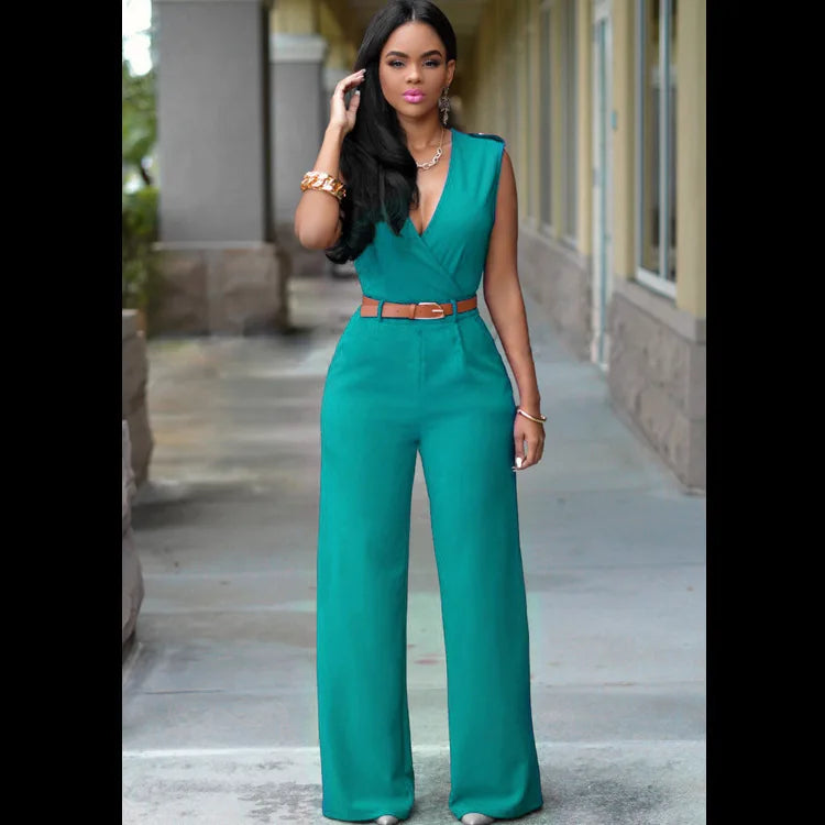 Jumpsuit Women 2023 Sexy Dress   Tall Waist v-neck Irregular wide-legged With Belt Rompers Womens Slim Jumpsuits ZSW2196