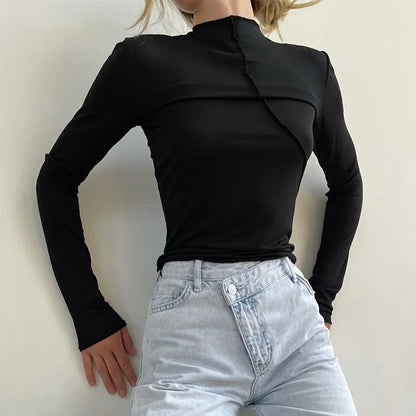 Turtleneck 2024 Long Sleeve T Shirts Women White Autumn Winter Casual Black Basic Gray Sexy Tops 90s Fashion Vintage