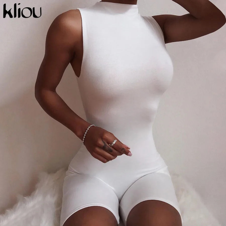 Kliou Zipper Rompers Women Summer Clothes Playsuits Sleeveless O-neck Solid Casual Body-Shaping Elastic Fitness Sporty Outfit