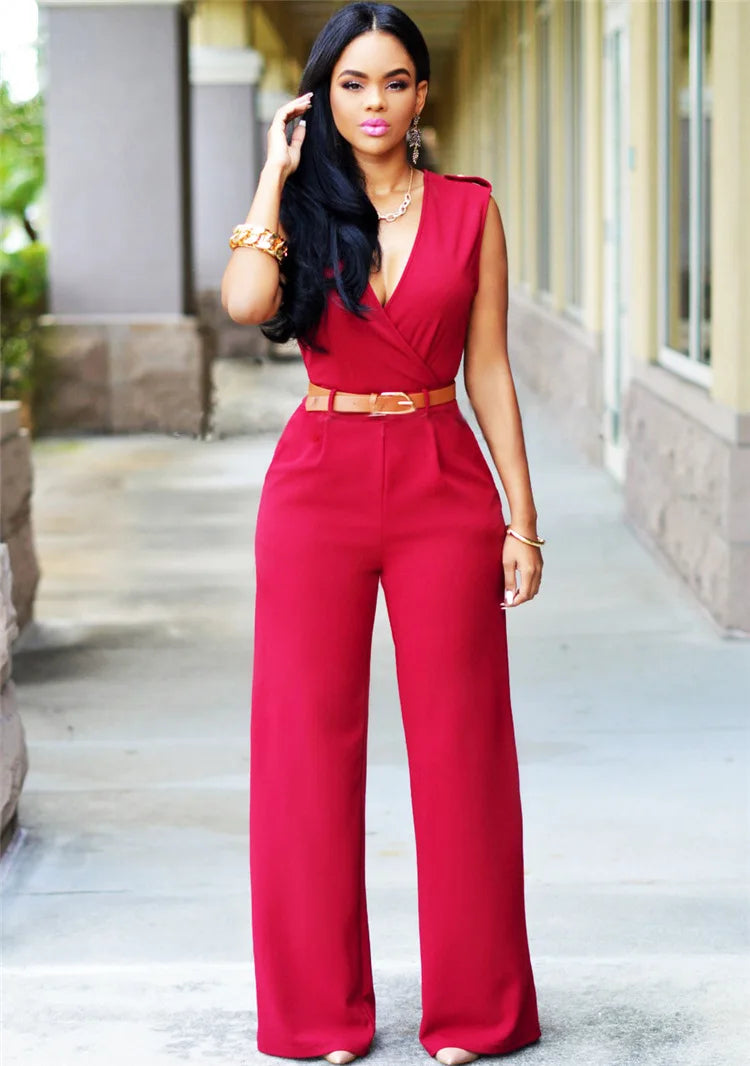 Jumpsuit Women 2023 Sexy Dress   Tall Waist v-neck Irregular wide-legged With Belt Rompers Womens Slim Jumpsuits ZSW2196