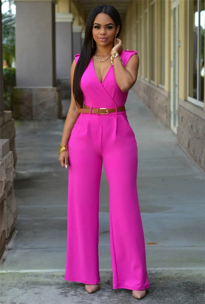 Jumpsuit Women 2023 Sexy Dress   Tall Waist v-neck Irregular wide-legged With Belt Rompers Womens Slim Jumpsuits ZSW2196