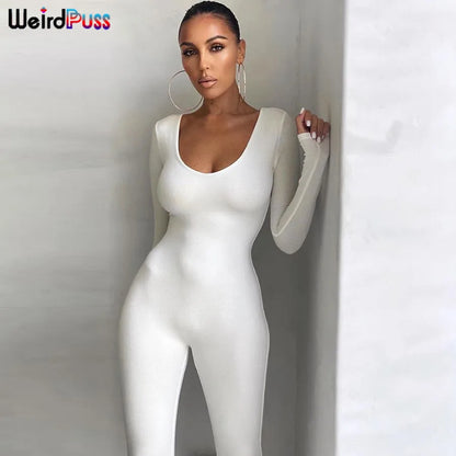 Weird Puss Spring Women Casual Long Sleeve Jumpsuits Stretchy Fitness Skinny Low-Neck Workout Fashion Streetwear Slim Outfits