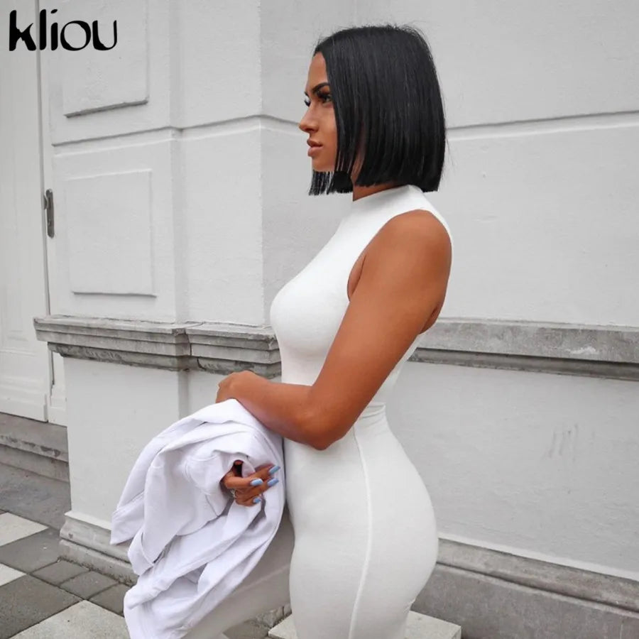 Kliou Zipper Rompers Women Summer Clothes Playsuits Sleeveless O-neck Solid Casual Body-Shaping Elastic Fitness Sporty Outfit