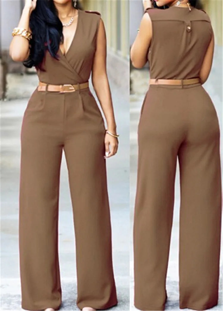 Jumpsuit Women 2023 Sexy Dress   Tall Waist v-neck Irregular wide-legged With Belt Rompers Womens Slim Jumpsuits ZSW2196