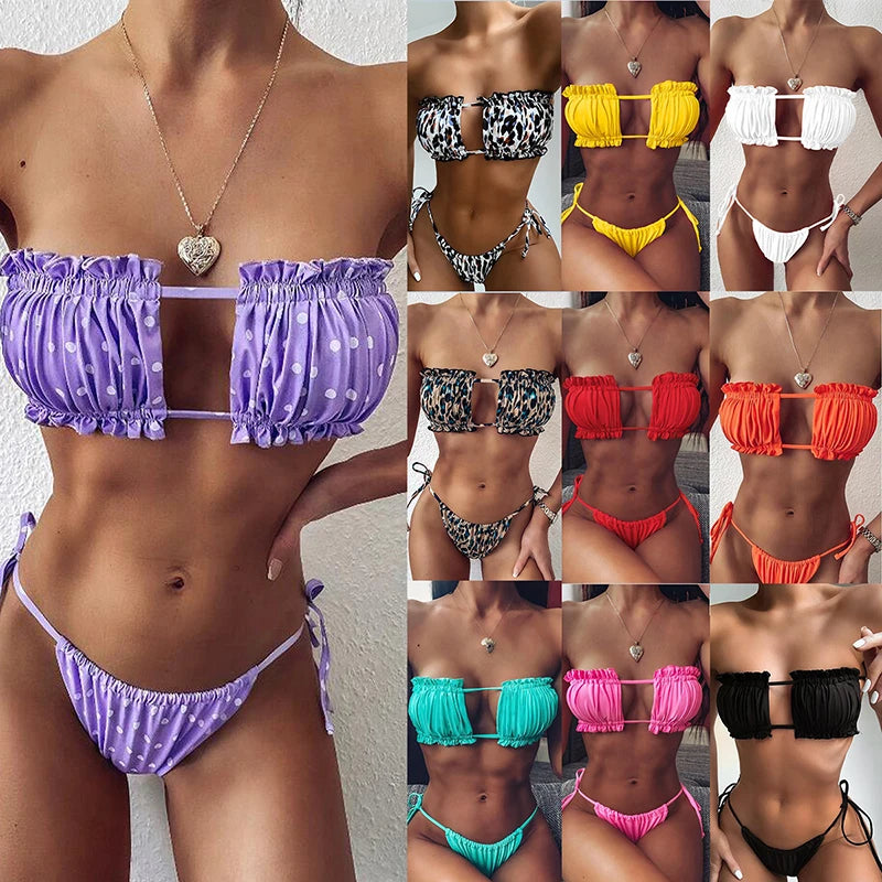 Sexy Solid Bikini 2023 Women Pleated Bandeau Swimsuit Female Low Waist Swimwear Women Beach Mini Thong Bikini Set Bathing Suit