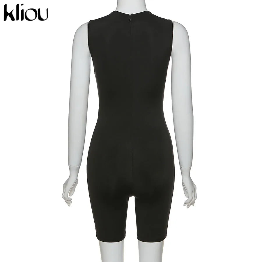 Kliou Zipper Rompers Women Summer Clothes Playsuits Sleeveless O-neck Solid Casual Body-Shaping Elastic Fitness Sporty Outfit