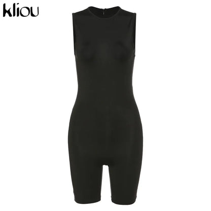 Kliou Zipper Rompers Women Summer Clothes Playsuits Sleeveless O-neck Solid Casual Body-Shaping Elastic Fitness Sporty Outfit