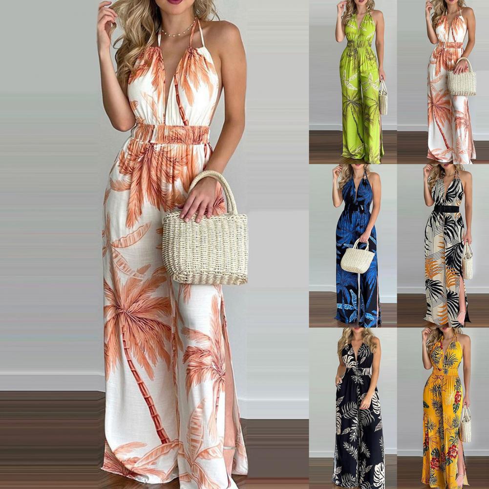 Women Summer Sexy Floral Print Jumpsuits Boho Sleeveless Backless Wide Leg Long Overalls Rompers Female Loose Overalls Jumpsuit