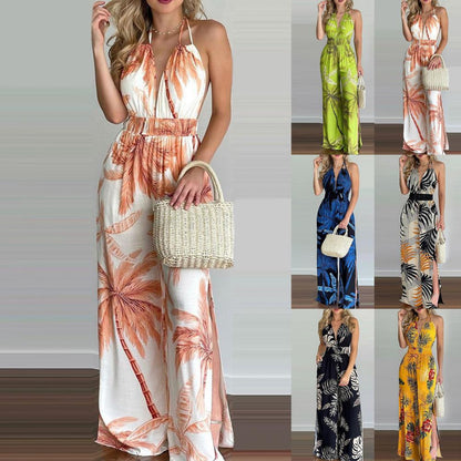 Women Summer Sexy Floral Print Jumpsuits Boho Sleeveless Backless Wide Leg Long Overalls Rompers Female Loose Overalls Jumpsuit