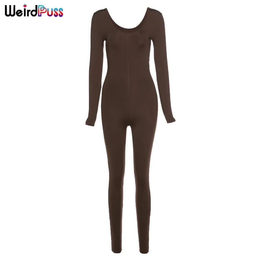 Weird Puss Spring Women Casual Long Sleeve Jumpsuits Stretchy Fitness Skinny Low-Neck Workout Fashion Streetwear Slim Outfits