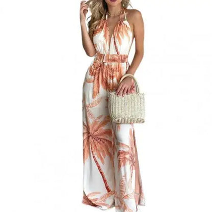 Women Summer Sexy Floral Print Jumpsuits Boho Sleeveless Backless Wide Leg Long Overalls Rompers Female Loose Overalls Jumpsuit