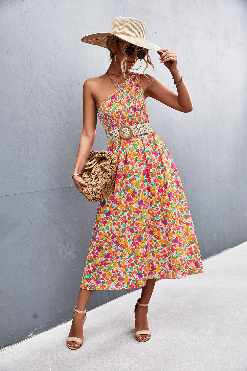 Spring Summer New Sexy Oblique Shoulder Smocking Floral Print Dress Women