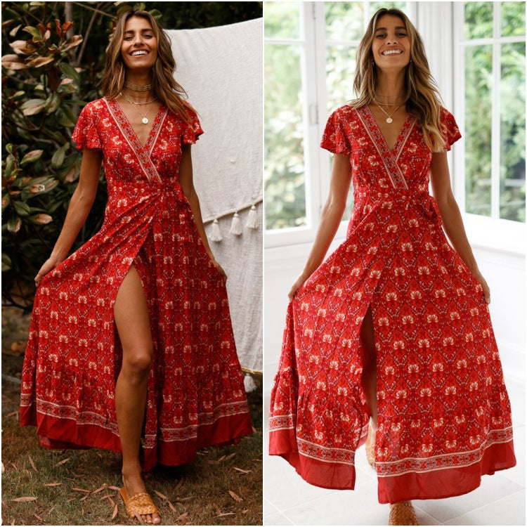 Women Clothing Summer Short Sleeve Ruffled Positioning Printed V-neck High Waist Lace up Casual Maxi Dress