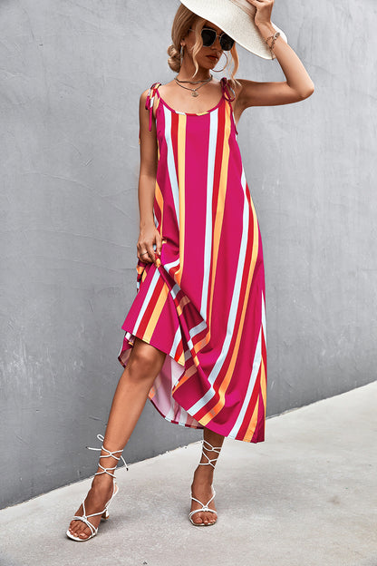 Spring Summer Sexy Backless Contrast Color Striped Spaghetti Straps Dress