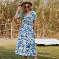 Fresh V neck Printed Summer Sweet Slim Fit Maxi Dress Korean Slim Looking Belly Covering Young A  line Dress