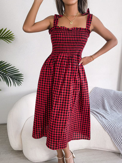 Spring Summer Casual Lace-up Contrast-Color Plaid Mid-Length Dress Women Clothing