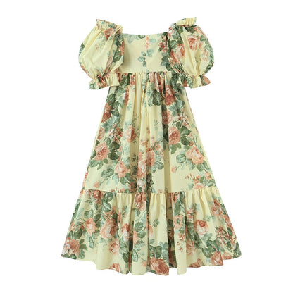 Spring Retro Strap Vest Floral Print off Shoulder Dress Two Piece Set