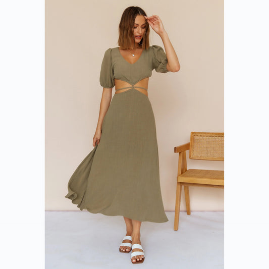 Spring Summer Solid Color High Waist Mid-Length Dress Hollow Out Cutout Hollow Out Cutout Out