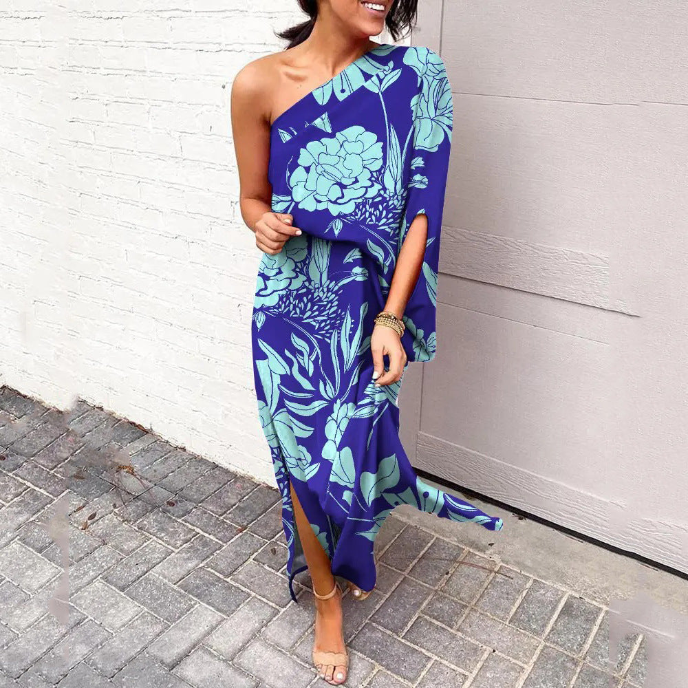 Summer Loose off-Shoulder Waist Trimming Printing Dress Women