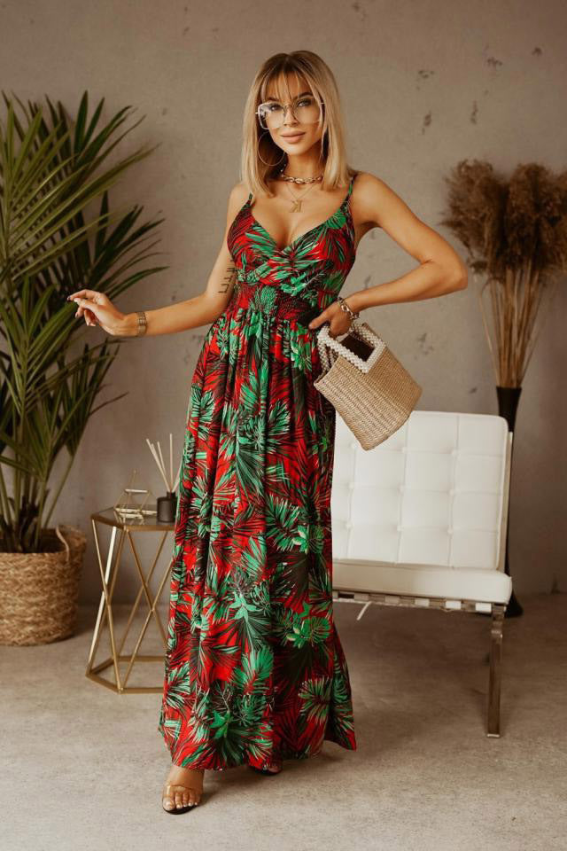 Spring Summer V neck Sleeveless Spaghetti Strap Floral Print Bohemian Maxi Dress