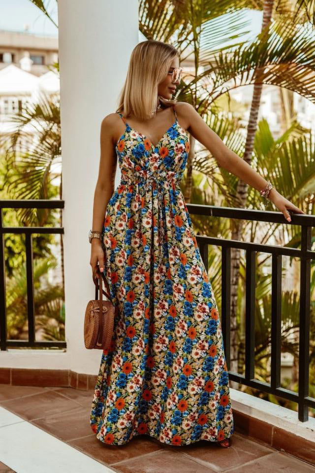 Spring Summer V neck Sleeveless Spaghetti Strap Floral Print Bohemian Maxi Dress