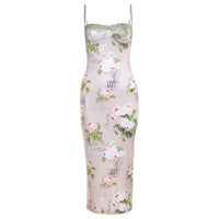 Summer Women  Clothing Strap off-Neck Lace Stitching Printing Slim Dress for Women