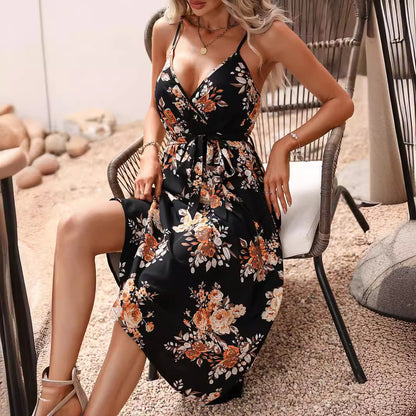 Women Clothing Summer Printed Waist Strap Dress