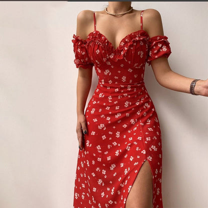 Summer Women0 Clothes Sexy V-neck Floral French Strap Dress