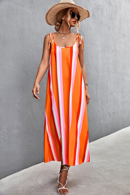 Spring Summer Sexy Backless Contrast Color Striped Spaghetti Straps Dress